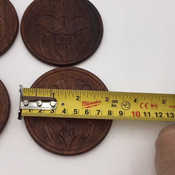 Vintage Elephant Drink Coasters Carved Wood Set Of 6 Brass Inlays - Picture 8 of 9